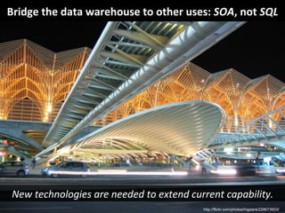 Bridge	
  the	
  data	
  warehouse	
  to	
  other	
  uses:	
  SOA,	
  not	
  SQL
                                                                               	
  




 New	
  technologies	
  are	
  needed	
  to	
  extend	
  current	
  capability.
                                                                              	
  
                                                            http://flickr.com/photos/higaara/228673603/
 