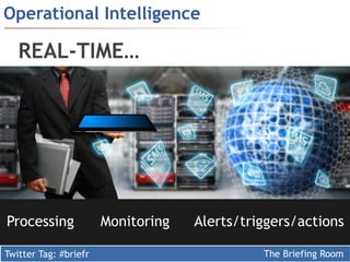Operational Intelligence

   REAL-TIME…




Processing             Monitoring   Alerts/triggers/actions

Twitter Tag: #briefr                          The Briefing Room
 