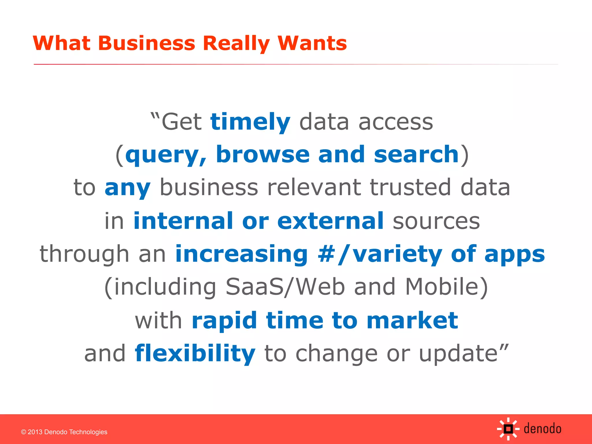 © 2013 Denodo Technologies
What Business Really Wants
“Get timely data access
(query, browse and search)
to any business relevant trusted data
in internal or external sources
through an increasing #/variety of apps
(including SaaS/Web and Mobile)
with rapid time to market
and flexibility to change or update”
 