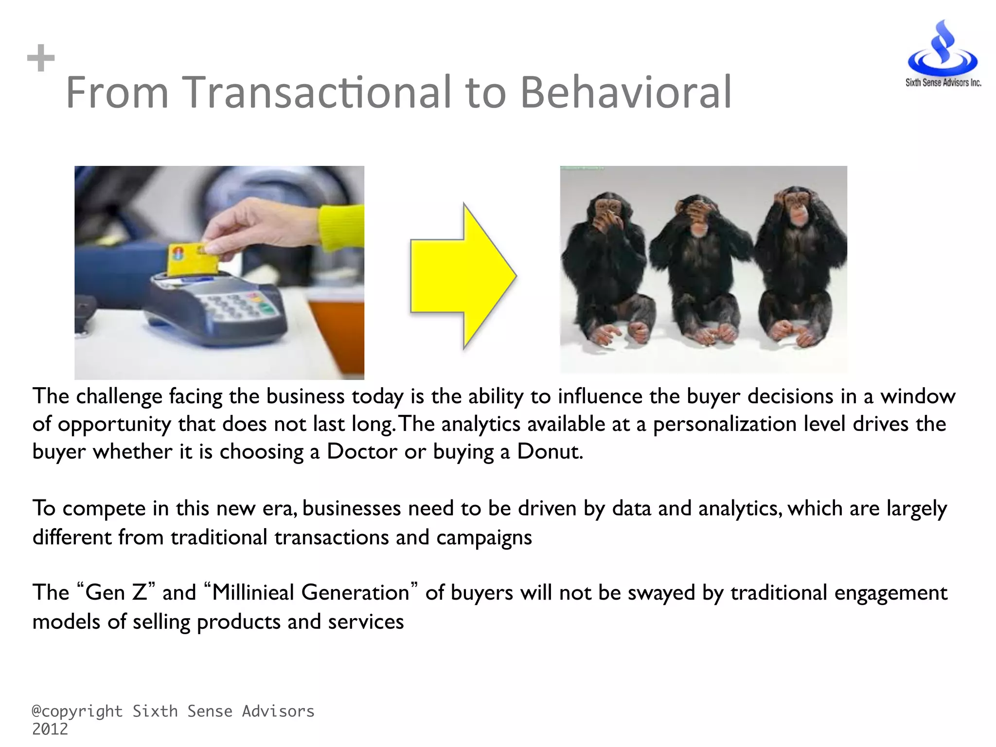 +
From	
  TransacConal	
  to	
  Behavioral	
  
@copyright Sixth Sense Advisors
2012	
The challenge facing the business today is the ability to inﬂuence the buyer decisions in a window
of opportunity that does not last long.The analytics available at a personalization level drives the
buyer whether it is choosing a Doctor or buying a Donut.	

	

To compete in this new era, businesses need to be driven by data and analytics, which are largely
different from traditional transactions and campaigns	

	

The Gen Z and Millinieal Generation of buyers will not be swayed by traditional engagement
models of selling products and services	

 