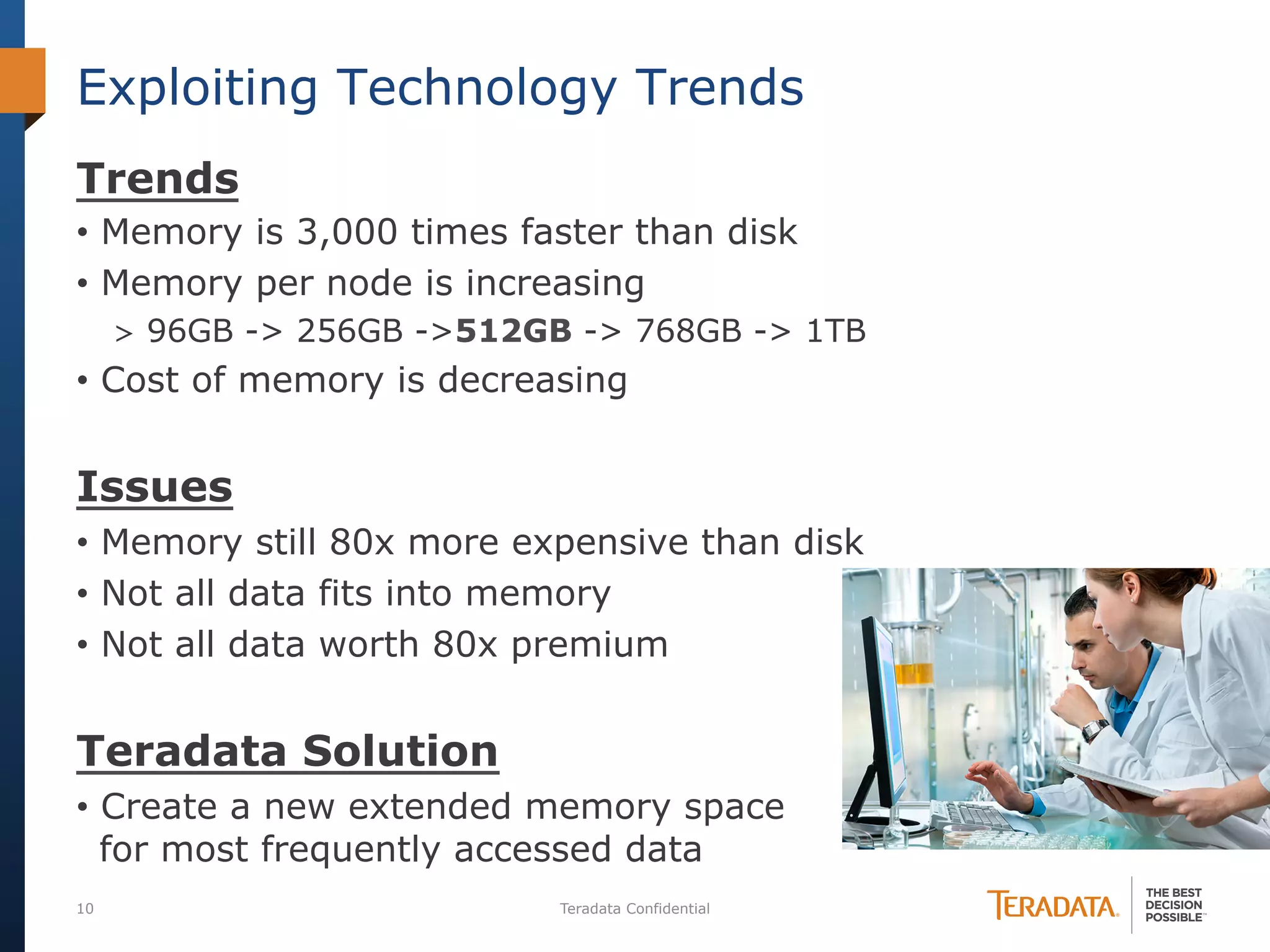 10 Teradata Confidential
Trends
•  Memory is 3,000 times faster than disk
•  Memory per node is increasing
>  96GB -> 256GB ->512GB -> 768GB -> 1TB
•  Cost of memory is decreasing
Issues
•  Memory still 80x more expensive than disk
•  Not all data fits into memory
•  Not all data worth 80x premium
Teradata Solution
•  Create a new extended memory space
for most frequently accessed data
Exploiting Technology Trends
 