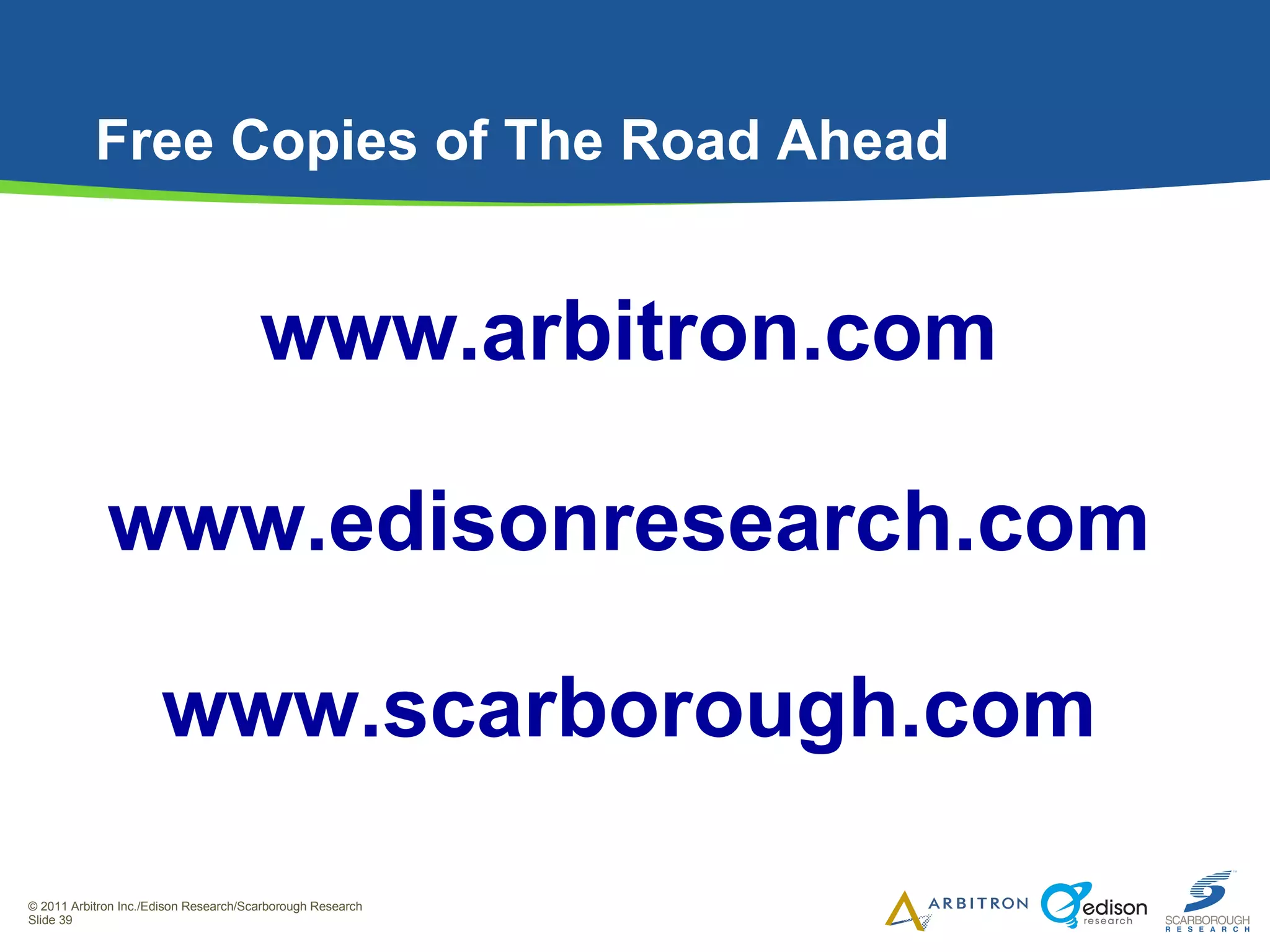 Free Copies of The Road Ahead www.edisonresearch.com www.arbitron.com www.scarborough.com 