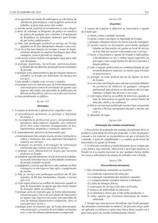 11 DE FEVEREIRO DE 2022 231
d) se apresente em estado de embriaguez ou sob efeitos de
substâncias psicotrópicas e alucinogénias no local de
trabalho, se pena mais grave não couber;
e) assedie moral, material ou sexualmente os seus colegas;
f) deixe de informar os dirigentes da prática ou tentativa
de prática de qualquer acto contrário à Constituição
da República ou princípios definidos pelo Estado
de que tenha conhecimento;
g) falte sem justificação aceitável ao serviço até 30 dias
seguidos ou 45 dias interpolados durante o ano civil;
h) se sirva das suas funções ou invoque o nome do órgão,
estrutura, dirigente ou superior hierárquico para obter
vantagens, exercer pressão ou vingança;
i) não aceite exercer funções em qualquer lugar para onde
seja designado;
j) pratique nepotismo, favoritismo, patrimonialismo
eclientelismonaadmissão,promoçãooumovimentação
de pessoal;
k) pratique actos administrativos que privilegiem interesses
estranhos ao Estado em detrimento da eficácia dos
serviços;
l) não atende o cidadão com civismo e respeito;
m) pratique actos ou omissões que, de forma determinante,
concorram para o início de actividades de agentes cujo
ingresso não tenha sido precedido de publicação em
Boletim da República, salvo os casos previstos na Lei;
n) mau atendimento ao público.
ARTIGO 117
(Demissão)
1. A sanção de demissão é aplicável nos seguintes casos:
a) procedimento atentatório ao prestígio e dignidade
da função; e
b) incompetência profissional grave, designadamente
ignorância indesculpável, inaptidão, erro indescul-
pável, bem como reiterado incumprimento de leis,
regulamentos, despachos e instruções superiores.
2. É, nomeadamente, aplicável ao funcionário que:
a) reiteradamente não cumpra exacta, pronta e lealmente as
ordens e instruções dos seus superiores hierárquicos
relativas aos serviços;
b) divulgue ou permita a divulgação de informação
classificada que conheça em razão do serviço;
c) pratique actos administrativos ilegais que incorram
prejuízos ao Estado;
d) abandone injustificadamente o local ou sector de trabalho,
recusando enfrentar riscos ou dificuldades resultantes
do próprio trabalho ou local;
e) negligencie a missão que lhe tiver sido confiada em País
estrangeiro ou não regresse logo após o cumprimento
da missão;
f) falte ao serviço sem justificação aceitável até 45 dias
seguidos ou 60 dias interpolados, durante o mesmo
ano civil;
g) viole regras relativas ao conflito de interesses, quando se
trate de funcionário ou agente que não exerça função
de direcção, chefia ou confiança;
h) pratique actos ou omissões que, de forma determinante,
concorram para o início de actividades de funcionário
ou agente cujo ingresso não tenha sido precedido de
visto do tribunal administrativo competente, salvo os
casos previstos na lei; e
i) pratique actos ou omissões que, de forma determinante,
concorram para o exercício de actividades ou funções
sem o visto do tribunal administrativo competente.
ARTIGO 118
(Expulsão)
A sanção de expulsão é aplicável ao funcionário e agente
do Estado que:
a) atente contra a unidade nacional;
b) atente contra o prestígio ou dignidade do Estado;
c) pratique cobranças ilícitas ou outros actos de corrupção;
d) agrida, injurie ou desrespeite gravemente qualquer
cidadão ou funcionário ou agente no local de serviço
ou fora dele por assunto relacionado com o serviço;
e) incite o funcionário e agente do Estado à indisciplina,
à desobediência às leis e ordens legais superiores ou
provoque o não cumprimento dos deveres inerentes à
função pública;
f) viole o segredo profissional ou confidencialidade de que
resultem prejuízos materiais ou morais para o Estado
ou para terceiros;
g) pratique ou tente praticar desvio de fundos ou bens
do Estado;
h) se sirva das suas funções para solicitar ou receber dinheiro
ou promessa de dinheiro ou qualquer vantagem
patrimonial, para praticar ou não praticar um acto que
implique violação dos deveres a seu cargo;
i) viole regras relativas ao conflito de interesses, quando se
trate de funcionário ou agente que exerça função de
direcção, chefia e ou confiança;
j) falte ao serviço sem justificação aceitável por um período
superior a 60 dias interpolados durante o mesmo ano
civil; e
k) abandono de lugar.
ARTIGO 119
(Graduação das medidas disciplinares)
1. Para efeitos de graduação das medidas disciplinares deve-se
ponderar a gravidade da infracção praticada, o valor do prejuízo
causado e, em especial, as circunstâncias em que a infracção foi
cometida, o grau de culpabilidade e a conduta profissional do
funcionário ou agente do Estado.
2. A infracção considera-se particularmente grave sempre que
a sua prática seja reiterada, intencional e provoque prejuízo ao
Estado ou à economia nacional ou, por qualquer forma, ponha
em causa a subsistência da relação do trabalho com o Estado.
ARTIGO 120
(Circunstâncias atenuantes)
1. São circunstâncias atenuantes as seguintes:
a) a confissão espontânea da infracção;
b) a reparação espontânea dos prejuízos causados;
c) o comportamento exemplar anterior à infracção;
d) a falta de intenção dolosa;
e) a prestação de serviços relevantes ao Estado;
f) ausência de publicidade da infracção;
g) os diminutos efeitos que a falta tenha produzido; e
h) todas aquelas que revelarem diminuição de respon-
sabilidade.
2. Sempre que num processo disciplinar seja fixada qualquer
das atenuantes enumeradas no número 1 do presente artigo, pode
ser aplicada ao infractor a pena mais baixa desse escalão ou a
pena mais grave do escalão imediatamente inferior.
 