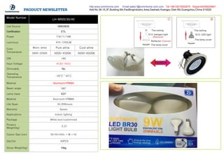Model Number
LH-BR20/30/40
Led Source SMD2835
Certification ETL
Power 7/9/11/14W
Luminous 470-1250LM
Color
Temperature
Warm white Pure white Cool white
2800-3200K 4000-4500K 6000-6500K
CRI >80
Input Voltage AC85-265V
Dimmable No
Operating
Temperature -20°C～45°C
Material Aluminum+PMMA
Beam angle 180°
Lamp base E27
Material Aluminum+PMMA
Life Span 35,000hours
Warranty 3years
Applications Indoor lighting
Package White box/customized
Product
Weight(kg)
0.21
Carton Size (cm) 55*55*24(L * W * H)
Qty/Ctn 50PCS
Gross Weight(kg) 10kg
http:www.luminhome.com Email:sales1@luminhome.com.com Tel:+8613610002670 Skype:kb409029461
Add:No.36-15,3F,Building 6th,PaoBingIndustry Area,Dashadi,Huangpu Distr.Rd,Guangzhou,China 510020
 