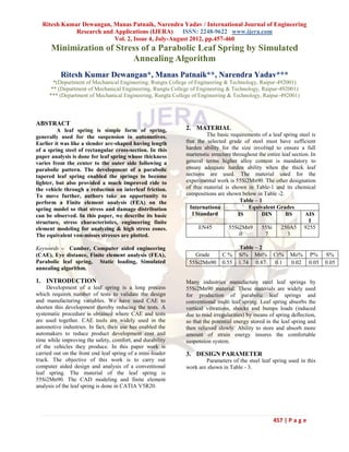 Ritesh Kumar Dewangan, Manas Patnaik, Narendra Yadav / International Journal of Engineering
             Research and Applications (IJERA)      ISSN: 2248-9622 www.ijera.com
                          Vol. 2, Issue 4, July-August 2012, pp.457-460
      Minimization of Stress of a Parabolic Leaf Spring by Simulated
                          Annealing Algorithm
          Ritesh Kumar Dewangan*, Manas Patnaik**, Narendra Yadav***
       *(Department of Mechanical Engineering, Rungta College of Engineering & Technology, Raipur-492001)
      ** (Department of Mechanical Engineering, Rungta College of Engineering & Technology, Raipur-492001)
     *** (Department of Mechanical Engineering, Rungta College of Engineering & Technology, Raipur-492001)



ABSTRACT
         A leaf spring is simple form of spring,            2. MATERIAL
generally used for the suspension in automotives.                    The basic requirements of a leaf spring steel is
Earlier it was like a slender arc-shaped having length      that the selected grade of steel must have sufficient
of a spring steel of rectangular cross-section. In this     harden ability for the size involved to ensure a full
paper analysis is done for leaf spring whose thickness      martenstic structure throughout the entire leaf section. In
varies from the center to the outer side following a        general terms higher alloy content is mandatory to
parabolic pattern. The development of a parabolic           ensure adequate harden ability when the thick leaf
tapered leaf spring enabled the springs to become           sections are used. The material used for the
lighter, but also provided a much improved ride to          experimental work is 55Si2Mn90. The other designation
the vehicle through a reduction on interleaf friction.      of this material is shown in Table-1 and its chemical
To move further, authors take an opportunity to             compositions are shown below in Table -2.
perform a Finite element analysis (FEA) on the                                       Table – 1
spring model so that stress and damage distribution           Internationa              Equivalent Grades
can be observed. In this paper, we describe its basic          l Standard           IS        DIN        BS       AIS
structure, stress characteristics, engineering finite                                                               I
element modeling for analyzing & high stress zones.               EN45         55Si2Mn9       55Si    250A5 9255
The equivalent von-misses stresses are plotted.                                      0         7          3

Keywords – Camber, Computer aided engineering                                      Table – 2
(CAE), Eye distance, Finite element analysis (FEA),            Grade        C%     Si% Mn%         Cr%     Mo%     P%     S%
Parabolic leaf spring, Static loading, Simulated             55Si2Mn90      0.55   1.74 0.87       0.1     0.02    0.05   0.05
annealing algorithm.

1. INTRODUCTION                                             Many industries manufacture steel leaf springs by
     Development of a leaf spring is a long process         55Si2Mn90 material. These materials are widely used
which requires number of tests to validate the design       for production of parabolic leaf springs and
and manufacturing variables. We have used CAE to            conventional multi leaf spring. Leaf spring absorbs the
shorten this development thereby reducing the tests. A      vertical vibrations, shocks and bumps loads (induced
systematic procedure is obtained where CAE and tests        due to road irregularities) by means of spring deflection,
are used together. CAE tools are widely used in the         so that the potential energy stored in the leaf spring and
automotive industries. In fact, their use has enabled the   then relieved slowly. Ability to store and absorb more
automakers to reduce product development cost and           amount of strain energy insures the comfortable
time while improving the safety, comfort, and durability    suspension system.
of the vehicles they produce. In this paper work is
carried out on the front end leaf spring of a mini-loader   3. DESIGN PARAMETER
truck. The objective of this work is to carry out                   Parameters of the steel leaf spring used in this
computer aided design and analysis of a conventional        work are shown in Table - 3.
leaf spring. The material of the leaf spring is
55Si2Mn90. The CAD modeling and finite element
analysis of the leaf spring is done in CATIA V5R20.




                                                                                                   457 | P a g e
 
