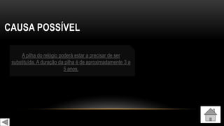 CAUSA POSSÍVEL
A pilha do relógio poderá estar a precisar de ser
substituída. A duração da pilha é de aproximadamente 3 a
5 anos.
 