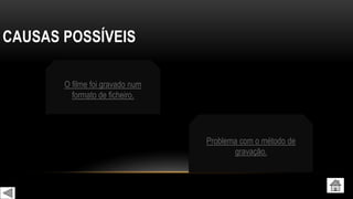 CAUSAS POSSÍVEIS
O filme foi gravado num
formato de ficheiro.
Problema com o método de
gravação.
 