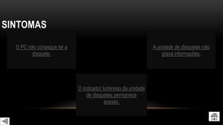 SINTOMAS
O PC não consegue ler a
disquete.
O indicador luminoso da unidade
de disquetes permanece
acesso.
A unidade de disquetes não
grava informações.
 