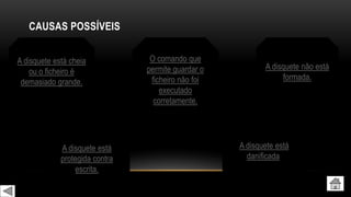 CAUSAS POSSÍVEIS
A disquete está cheia
ou o ficheiro é
demasiado grande.
A disquete está
protegida contra
escrita.
O comando que
permite guardar o
ficheiro não foi
executado
corretamente.
A disquete está
danificada.
A disquete não está
formada.
 