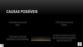 CAUSAS POSSÍVEIS
A proteção de ecrã está
ativa.
O PC está no modo de
espera.
O PC está no modo de
hibernação ou está desligado.
O cabo do conetor do monitor
não está corretamente ligado à
parte de trás do PC.
 