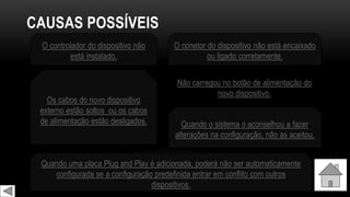 CAUSAS POSSÍVEIS
O controlador do dispositivo não
está instalado.
O conetor do dispositivo não está encaixado
ou ligado corretamente.
Os cabos do novo dispositivo
externo estão soltos ou os cabos
de alimentação estão desligados.
Não carregou no botão de alimentação do
novo dispositivo.
Quando o sistema o aconselhou a fazer
alterações na configuração, não as aceitou.
Quando uma placa Plug and Play é adicionada, poderá não ser automaticamente
configurada se a configuração predefinida entrar em conflito com outros
dispositivos.
 