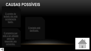 CAUSAS POSSÍVEIS
O conetor do
teclado não está
corretamente
ligado.
O programa que
está a ser utilizado
parou de
responder aos
comandos.
O teclado está
danificado.
 
