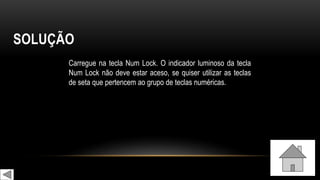 SOLUÇÃO
Carregue na tecla Num Lock. O indicador luminoso da tecla
Num Lock não deve estar aceso, se quiser utilizar as teclas
de seta que pertencem ao grupo de teclas numéricas.
 