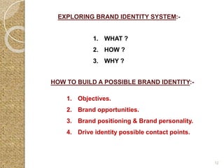 EXPLORING BRAND IDENTITY SYSTEM:-
1. WHAT ?
2. HOW ?
3. WHY ?
HOW TO BUILD A POSSIBLE BRAND IDENTITY:-
1. Objectives.
2. Brand opportunities.
3. Brand positioning & Brand personality.
4. Drive identity possible contact points.
12
 