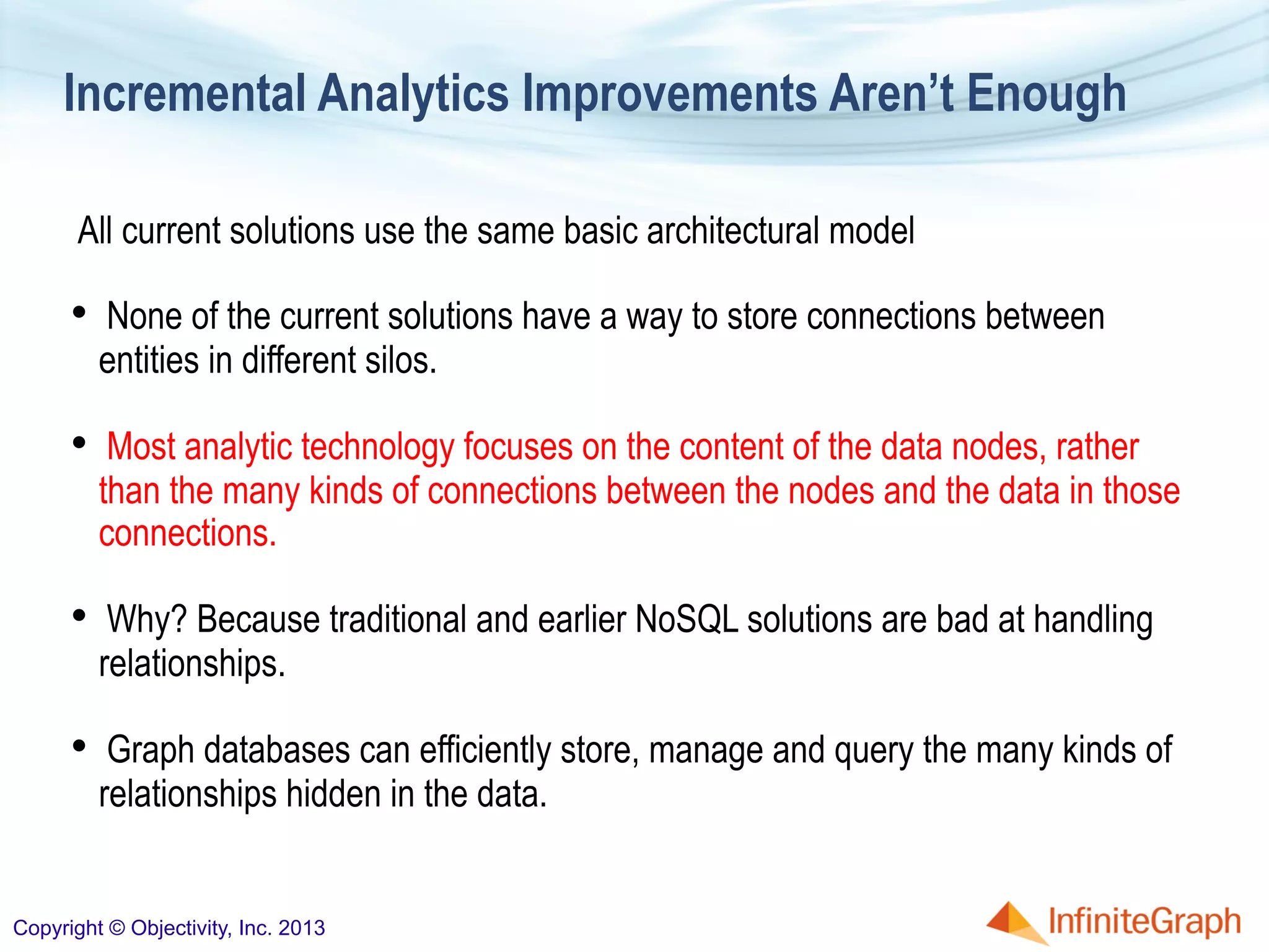 Incremental Analytics Improvements Aren’t Enough
All current solutions use the same basic architectural model
•  None of the current solutions have a way to store connections between
entities in different silos.
•  Most analytic technology focuses on the content of the data nodes, rather
than the many kinds of connections between the nodes and the data in those
connections.
•  Why? Because traditional and earlier NoSQL solutions are bad at handling
relationships.
•  Graph databases can efficiently store, manage and query the many kinds of
relationships hidden in the data.
Copyright © Objectivity, Inc. 2013
 