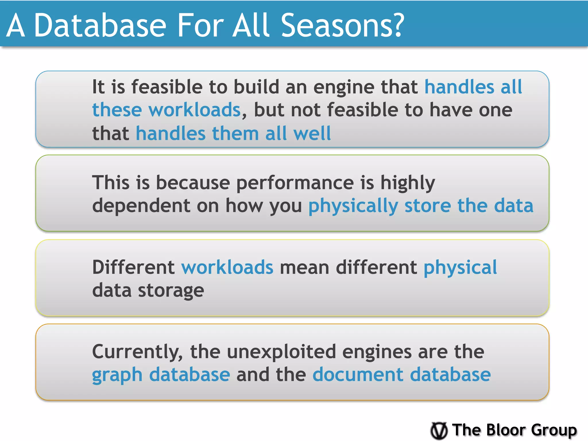 The Bloor Group
A Database For All Seasons?
It is feasible to build an engine that handles all
these workloads, but not feasible to have one
that handles them all well
This is because performance is highly
dependent on how you physically store the data
Different workloads mean different physical
data storage
Currently, the unexploited engines are the
graph database and the document database
 