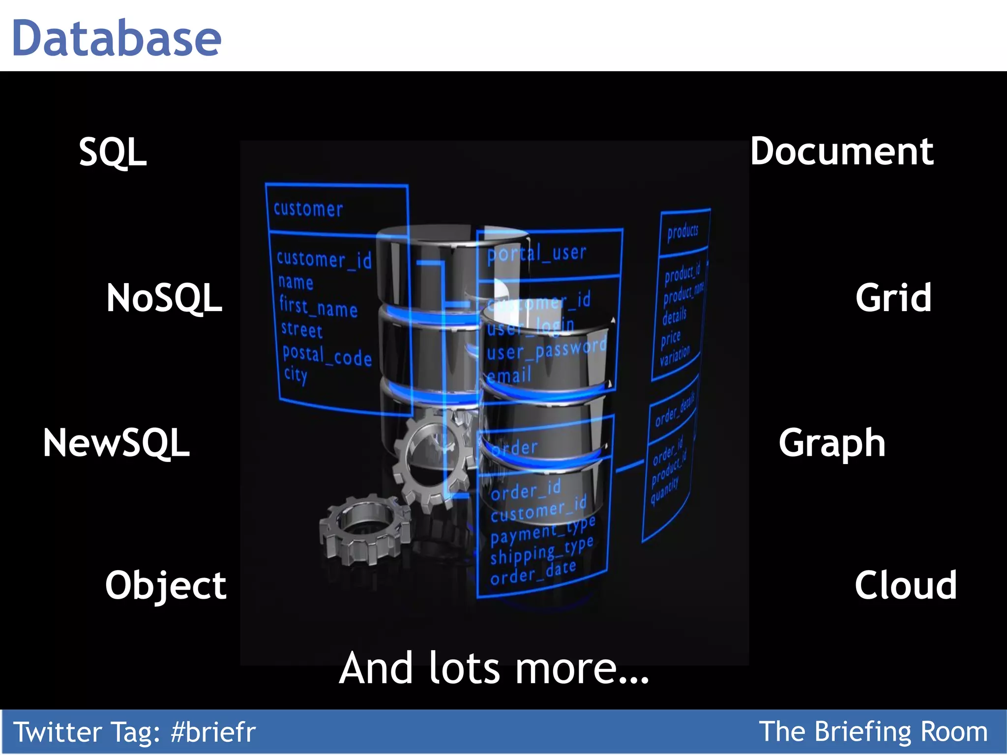 Twitter Tag: #briefr The Briefing Room
Database
SQL
NoSQL
Graph
Object
Grid
NewSQL
Cloud
Document
And lots more…
 