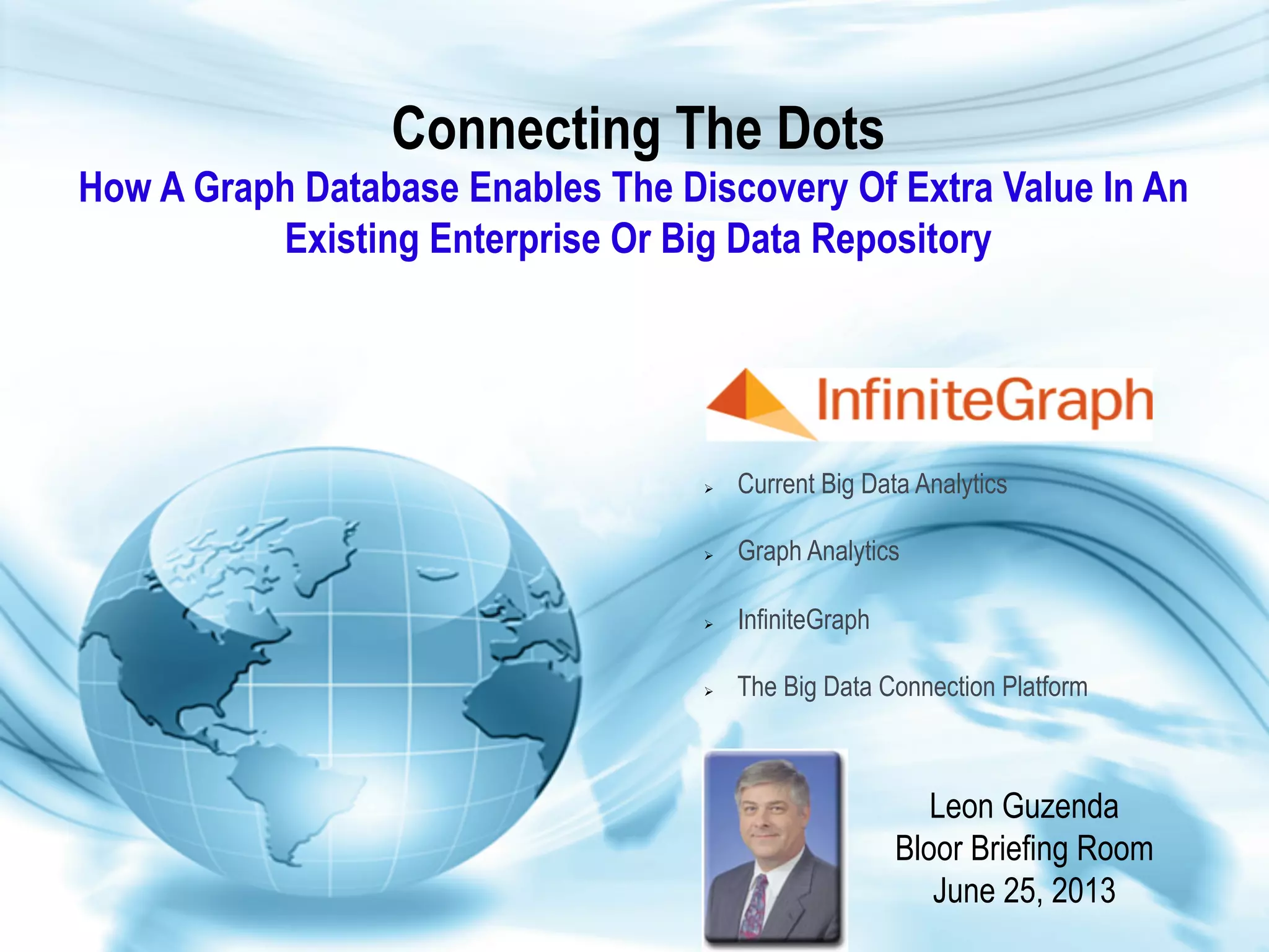 Connecting The Dots
How A Graph Database Enables The Discovery Of Extra Value In An
Existing Enterprise Or Big Data Repository
Leon Guzenda
Bloor Briefing Room
June 25, 2013
Ø  Current Big Data Analytics
Ø  Graph Analytics
Ø  InfiniteGraph
Ø  The Big Data Connection Platform
 
