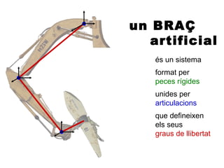 un BRAÇ
   artificial
   és un sistema
   format per
   peces rígides
   unides per
   articulacions
   que defineixen
   els seus
   graus de llibertat
 