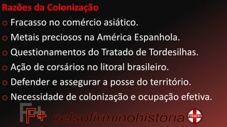 Razões da Colonização
o Fracasso no comércio asiático.
o Metais preciosos na América Espanhola.
o Questionamentos do Tratado de Tordesilhas.
o Ação de corsários no litoral brasileiro.
o Defender e assegurar a posse do território.
o Necessidade de colonização e ocupação efetiva.
 