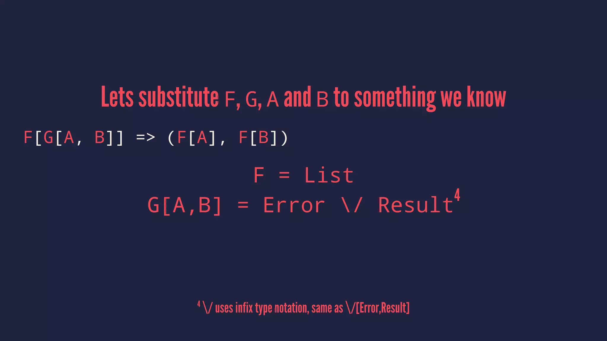 Lets substitute F, G, A and B to something we know
F[G[A, B]] => (F[A], F[B])
F = List
G[A,B] = Error / Result
4
4
/ uses infix type notation, same as /[Error,Result]
 