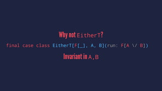Why not EitherT?
final case class EitherT[F[_], A, B](run: F[A / B])
Invariant in A,B
 