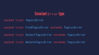 Covariant Error type
sealed trait TopicsError
sealed trait FindTopicError extends TopicsError
sealed trait SelectTopicError extends TopicsError
sealed trait DeleteTopicError extends TopicsError
 