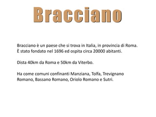 Bracciano
Bracciano è un paese che si trova in Italia, in provincia di Roma.
È stato fondato nel 1696 ed ospita circa 20000 abitanti.
Dista 40km da Roma e 50km da Viterbo.
Ha come comuni confinanti Manziana, Tolfa, Trevignano
Romano, Bassano Romano, Oriolo Romano e Sutri.
 