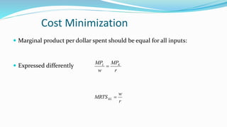 Cost Minimization
 Marginal product per dollar spent should be equal for all inputs:
 Expressed differently
r
MP
w
MP K
...