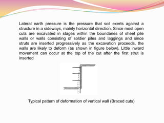 Lateral earth pressure is the pressure that soil exerts against a
structure in a sideways, mainly horizontal direction. Since most open
cuts are excavated in stages within the boundaries of sheet pile
walls or walls consisting of soldier piles and laggings and since
struts are inserted progressively as the excavation proceeds, the
walls are likely to deform (as shown in figure below). Little inward
movement can occur at the top of the cut after the first strut is
inserted
Typical pattern of deformation of vertical wall (Braced cuts)
 