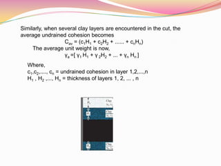 Similarly, when several clay layers are encountered in the cut, the
average undrained cohesion becomes
Cav = (c1H1 + c2H2 + ...... + cnHn)
The average unit weight is now,
γa =[ γ1 H1 + γ 2H2 + ... + γn Hn ]
Where,
c1,c2,...., cn = undrained cohesion in layer 1,2,...,n
H1 , H2 ,..., Hn = thickness of layers 1, 2, ... , n
 
