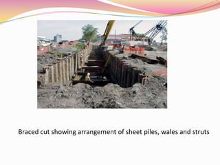 Braced cut showing arrangement of sheet piles, wales and struts
 