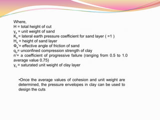 Where,
H = total height of cut
γs = unit weight of sand
Ks = lateral earth pressure coefficient for sand layer ( =1 )
Hs = height of sand layer
Фs’= effective angle of friction of sand
qu= unconfined compression strength of clay
n’= a coefficient of progressive failure (ranging from 0.5 to 1.0
average value 0.75)
γc = saturated unit weight of clay layer
•Once the average values of cohesion and unit weight are
determined, the pressure envelopes in clay can be used to
design the cuts
 