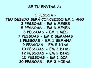 SE TU ENVIAS A:
1 PESSOA –
TEU DESEJO SERÁ CONCEDIDO EM 1 ANO
3 PESSOAS - EM 6 MESES
5 PESSOAS - EM 3 MESES
6 PESSOAS - EM 1 MÊS
7 PESSOAS - EM 2 SEMANAS
8 PESSOAS - EM 1 SEMANA
9 PESSOAS - EM 5 DIAS
10 PESSOAS - EM 3 DIAS
12 PESSOAS - EM 2 DIAS
15 PESSOAS - EM 1 DIA
20 PESSOAS - EM 3 HORAS
 
