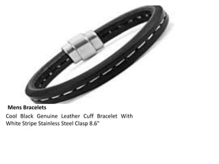 Mens Bracelets
Cool Black Genuine Leather Cuff Bracelet With
White Stripe Stainless Steel Clasp 8.6"
 
