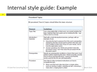Internal style guide: Example
March 2014© CyberText Consulting Pty Ltd
29
 