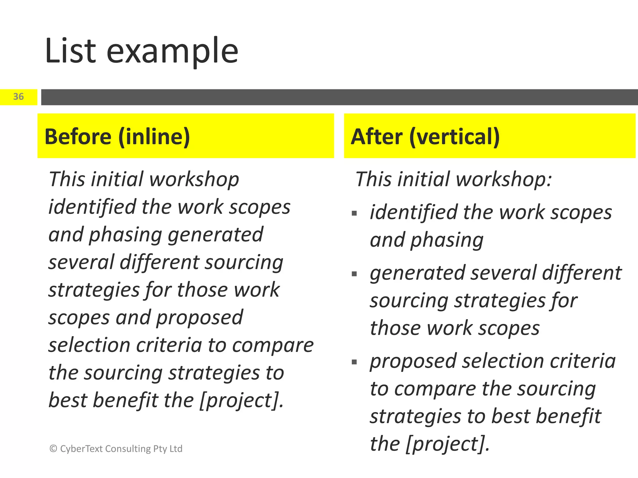 List example
This initial workshop
identified the work scopes
and phasing generated
several different sourcing
strategies for those work
scopes and proposed
selection criteria to compare
the sourcing strategies to
best benefit the [project].
This initial workshop:
 identified the work scopes
and phasing
 generated several different
sourcing strategies for
those work scopes
 proposed selection criteria
to compare the sourcing
strategies to best benefit
the [project].
36
© CyberText Consulting Pty Ltd
Before (inline) After (vertical)
 