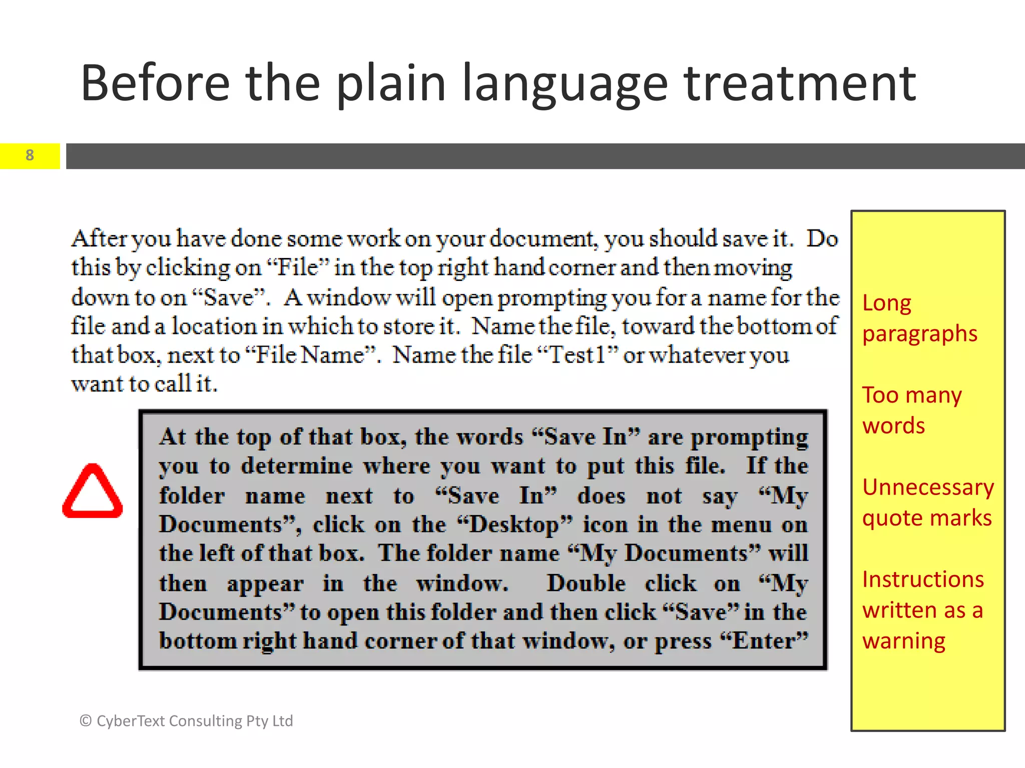 Before the plain language treatment
© CyberText Consulting Pty Ltd
8
Long
paragraphs
Too many
words
Unnecessary
quote marks
Instructions
written as a
warning
 
