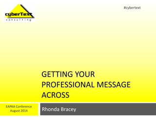 GETTING YOUR 
PROFESSIONAL MESSAGE 
ACROSS 
Rhonda Bracey 
EAPAA Conference 
August 2014 
#cybertext 
 