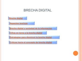 BRECHA DIGITAL

Brecha digital

Aspectos teoricos

Brecha digital y sociedad de la informacion

Cifras en torno a la brecha digital

Estrategias para disminuir la brecha digital

Críticas hacia el concepto de brecha digital
 