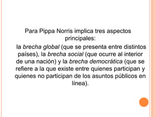 Para Pippa Norris implica tres aspectos
                    principales:
la brecha global (que se presenta entre distintos
 países), la brecha social (que ocurre al interior
de una nación) y la brecha democrática (que se
refiere a la que existe entre quienes participan y
quienes no participan de los asuntos públicos en
                       línea).
 