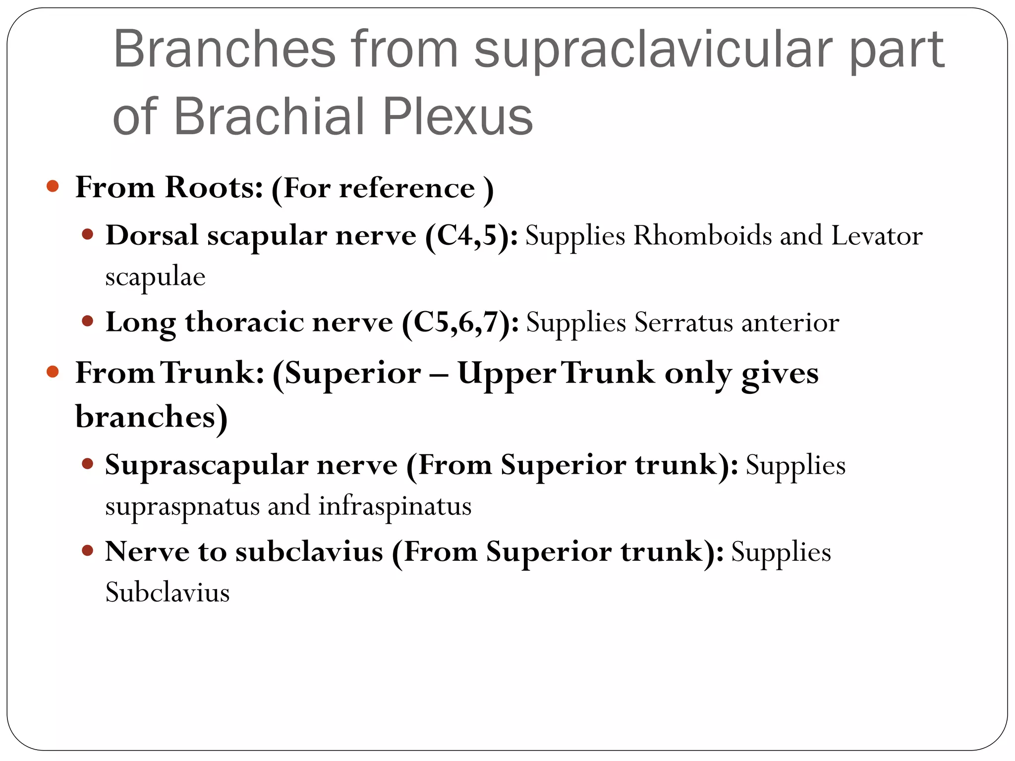 Branches from supraclavicular part
of Brachial Plexus
 From Roots: (For reference )
 Dorsal scapular nerve (C4,5): Supplies Rhomboids and Levator
scapulae
 Long thoracic nerve (C5,6,7): Supplies Serratus anterior
 FromTrunk: (Superior – UpperTrunk only gives
branches)
 Suprascapular nerve (From Superior trunk): Supplies
supraspnatus and infraspinatus
 Nerve to subclavius (From Superior trunk): Supplies
Subclavius
 