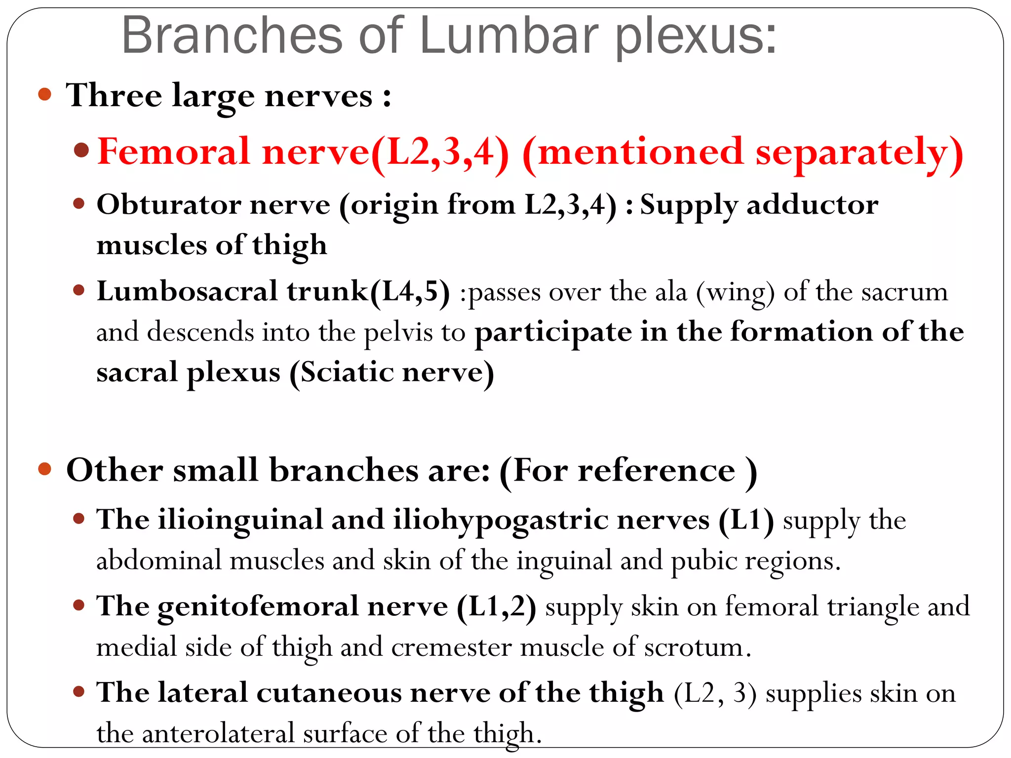 Branches of Lumbar plexus:
 Three large nerves :
Femoral nerve(L2,3,4) (mentioned separately)
 Obturator nerve (origin from L2,3,4) : Supply adductor
muscles of thigh
 Lumbosacral trunk(L4,5) :passes over the ala (wing) of the sacrum
and descends into the pelvis to participate in the formation of the
sacral plexus (Sciatic nerve)
 Other small branches are: (For reference )
 The ilioinguinal and iliohypogastric nerves (L1) supply the
abdominal muscles and skin of the inguinal and pubic regions.
 The genitofemoral nerve (L1,2) supply skin on femoral triangle and
medial side of thigh and cremester muscle of scrotum.
 The lateral cutaneous nerve of the thigh (L2, 3) supplies skin on
the anterolateral surface of the thigh.
 