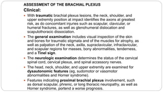 ASSESSMENT OF THE BRACHIAL PLEXUS
Clinical:
 With traumatic brachial plexus lesions, the neck, shoulder, and
upper extremity position at impact identifies the axons at greatest
risk, as do concomitant injuries such as scapular, clavicular, or
humeral fractures, as well as glenohumeral dislocation and
scapulothoracic dissociation.
 The general examination includes visual inspection of the skin
and bones for traumatic stigmata and of the muscles for atrophy, as
well as palpation of the neck, axilla, supraclavicular, infraclavicular,
and scapular regions for masses, bony abnormalities, tenderness,
and a Tinel sign.
 The neurologic examination determines the status of the cervical
spinal cord, cervical plexus, and spinal accessory nerves.
 The head, neck, shoulder, and upper extremity are examined for
dysautonomic features (eg, sudomotor or vasomotor
abnormalities and Horner syndrome).
 Features indicating proximal brachial plexus involvement, such
as dorsal scapular, phrenic, or long thoracic neuropathy, as well as
Horner syndrome, portend a worse prognosis.
 