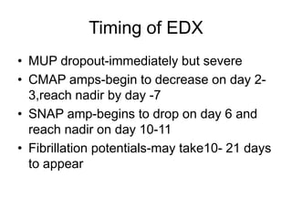Timing of EDX
• MUP dropout-immediately but severe
• CMAP amps-begin to decrease on day 2-
3,reach nadir by day -7
• SNAP amp-begins to drop on day 6 and
reach nadir on day 10-11
• Fibrillation potentials-may take10- 21 days
to appear
 
