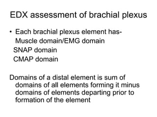 EDX assessment of brachial plexus
• Each brachial plexus element has-
Muscle domain/EMG domain
SNAP domain
CMAP domain
Domains of a distal element is sum of
domains of all elements forming it minus
domains of elements departing prior to
formation of the element
 