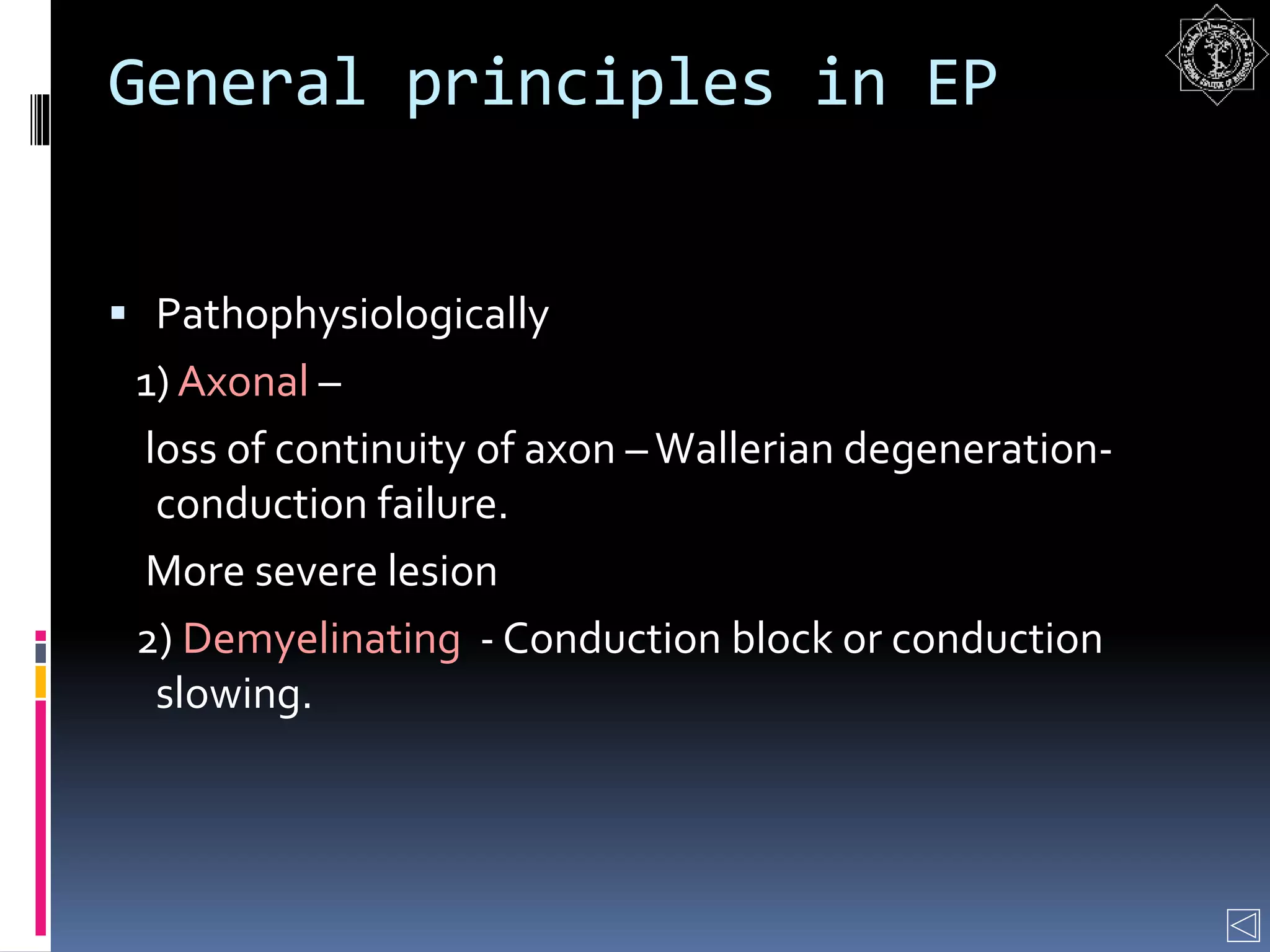 General principles in EP
 Pathophysiologically
1) Axonal –
loss of continuity of axon –Wallerian degeneration-
conduction failure.
More severe lesion
2) Demyelinating - Conduction block or conduction
slowing.
 
