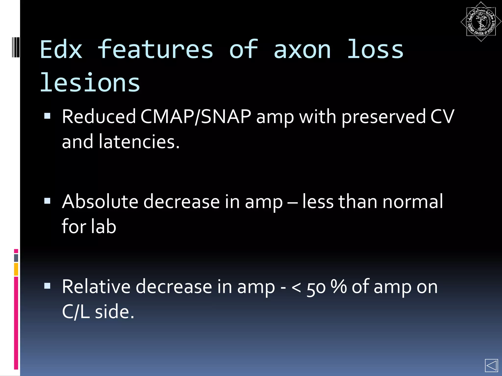 Edx features of axon loss
lesions
 Reduced CMAP/SNAP amp with preserved CV
and latencies.
 Absolute decrease in amp – less than normal
for lab
 Relative decrease in amp - < 50 % of amp on
C/L side.
 