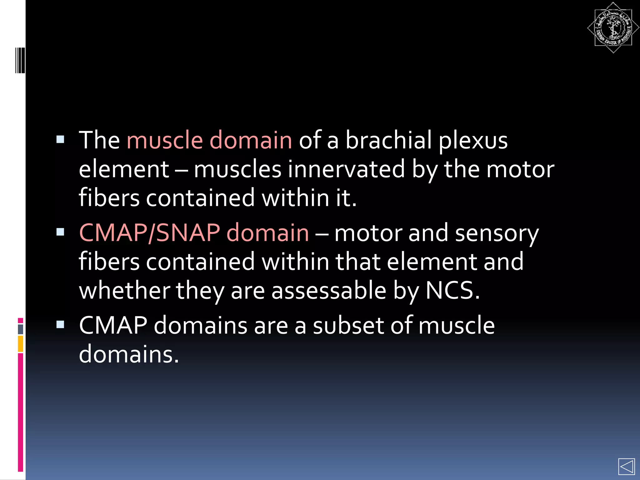  The muscle domain of a brachial plexus
element – muscles innervated by the motor
fibers contained within it.
 CMAP/SNAP domain – motor and sensory
fibers contained within that element and
whether they are assessable by NCS.
 CMAP domains are a subset of muscle
domains.
 