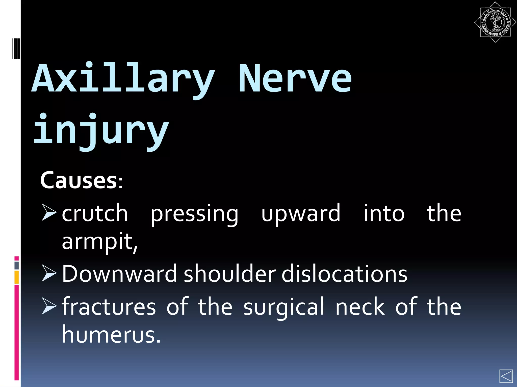 Axillary Nerve
injury
Causes:
crutch pressing upward into the
armpit,
Downward shoulder dislocations
fractures of the surgical neck of the
humerus.
 